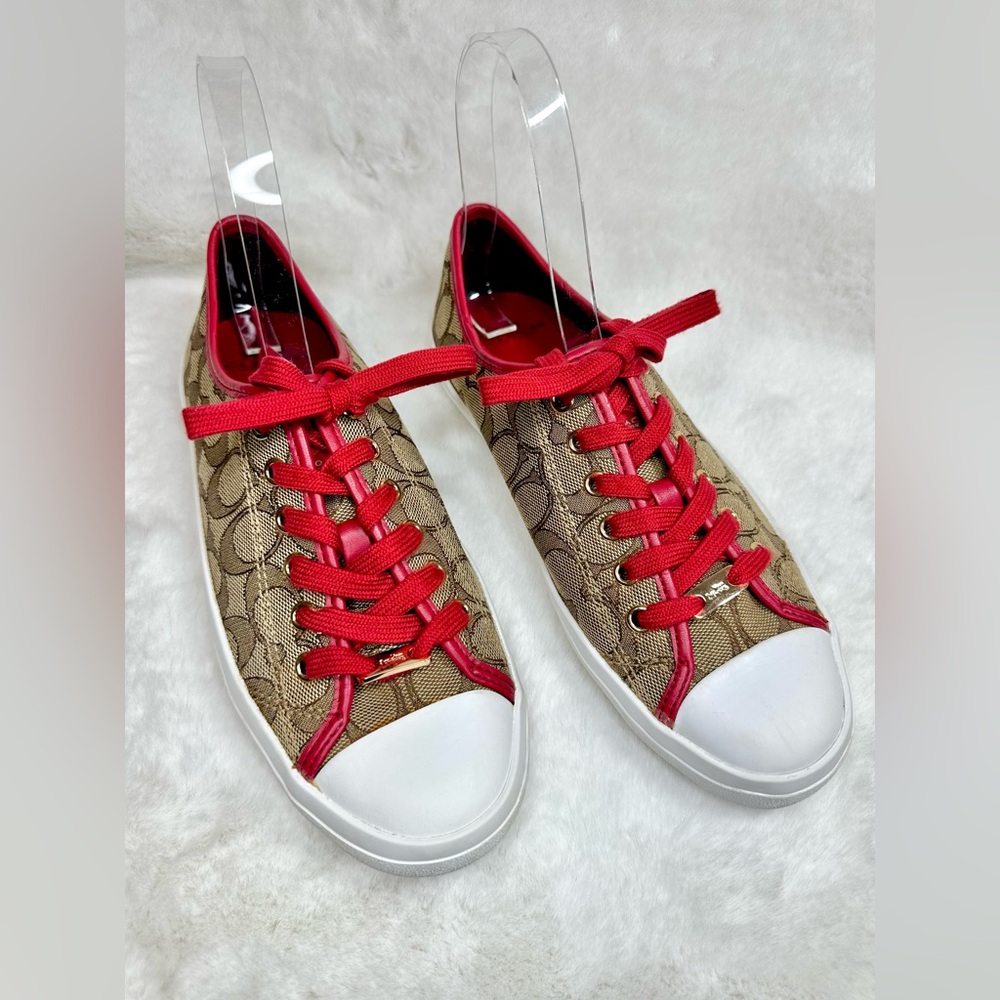 Coach Empire Outline Red & Tan Canvas Sneakers Size 8 - Picture 4 of 9